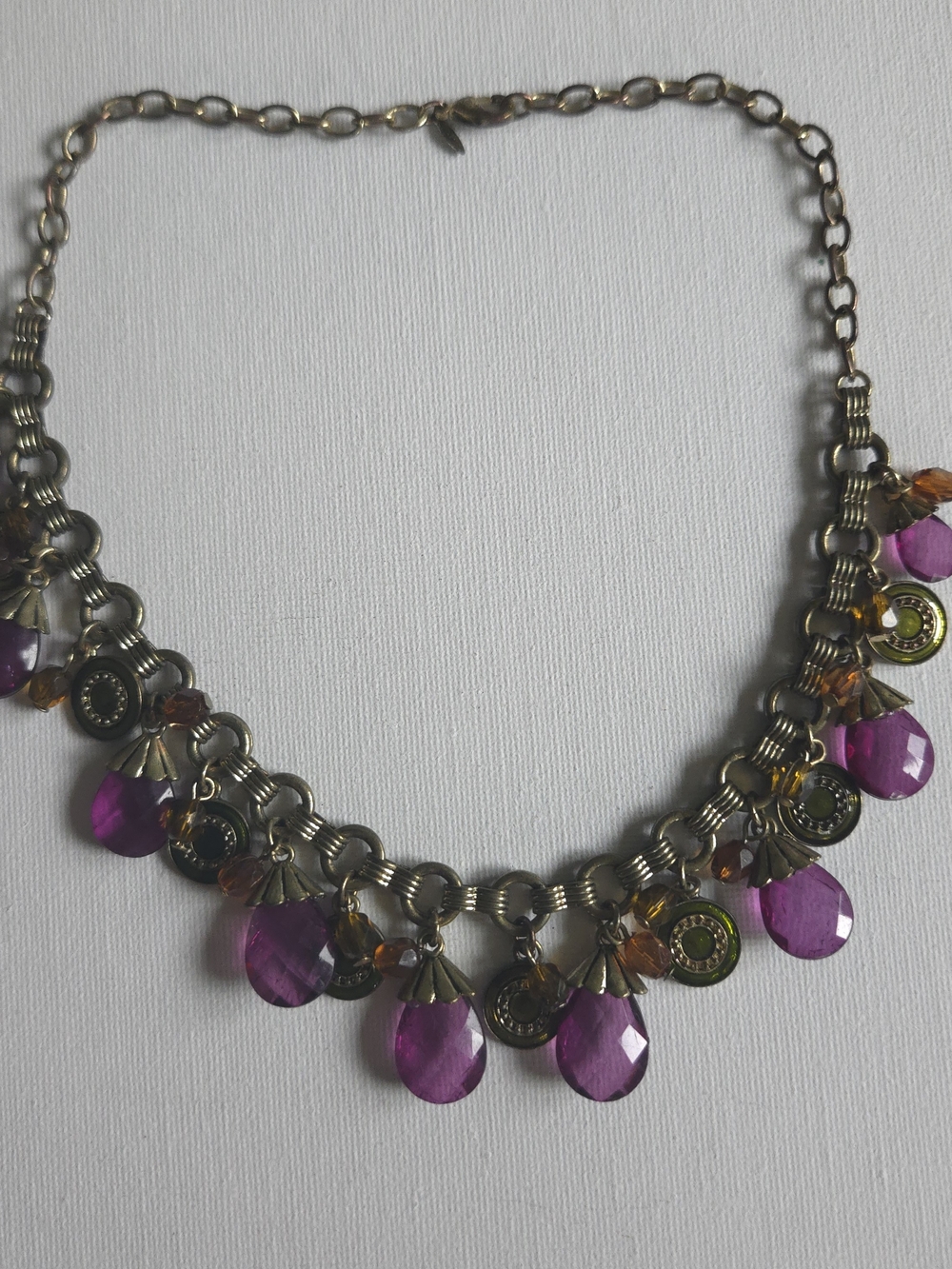 Vintage Signed Avon Purple Glass Teardrop Bib Necklace Antique Brass Coin Charms